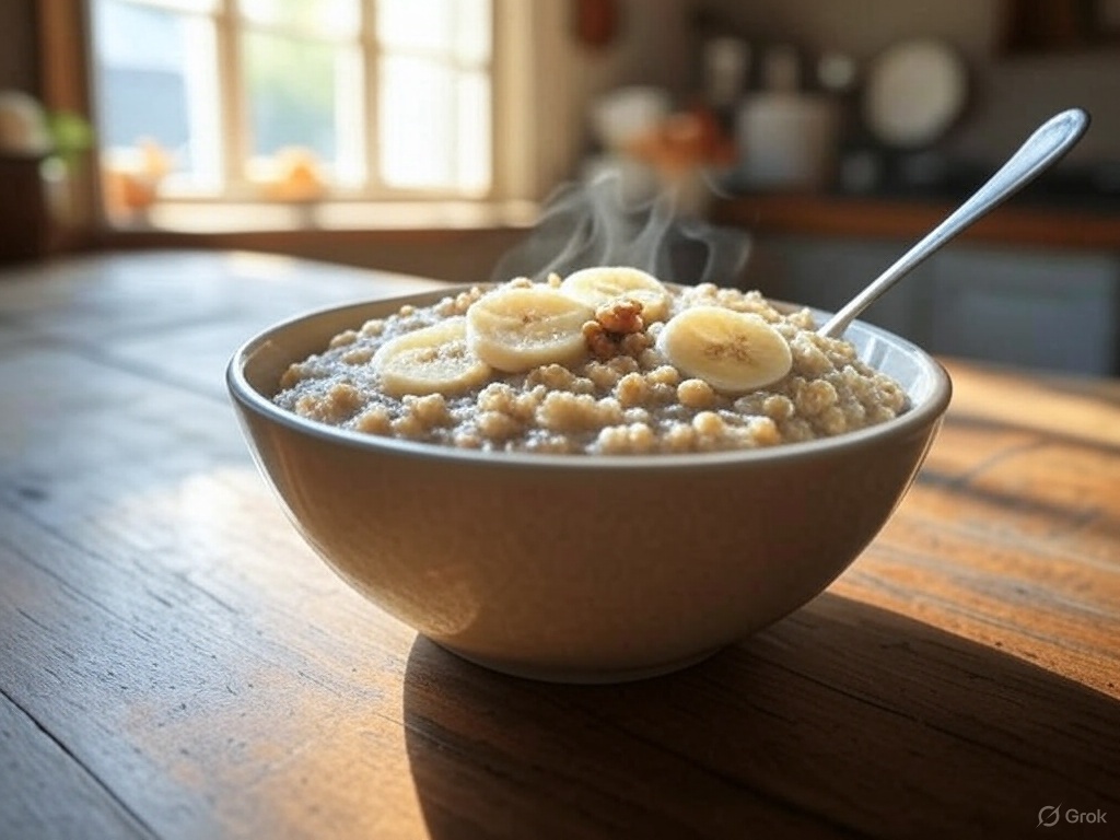 Banana Nut Oatmeal Bowl: Warm Oats Topped with Bananas and Walnuts—Hearty and Nourishing!